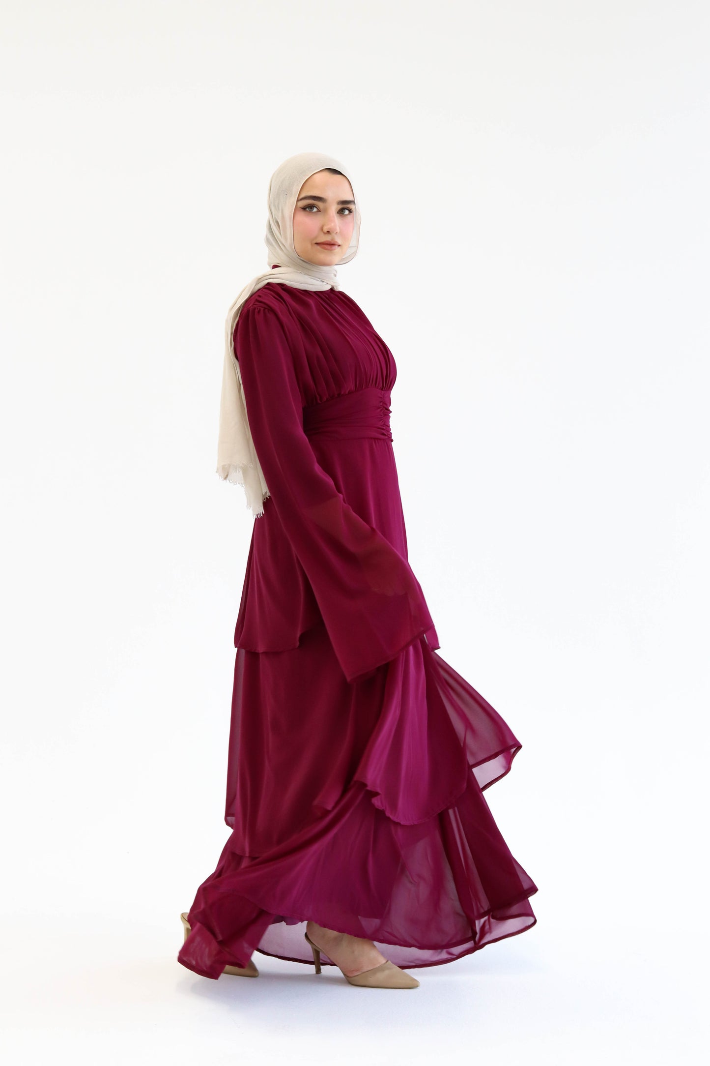 REEM DRESS IN BURGUNDY