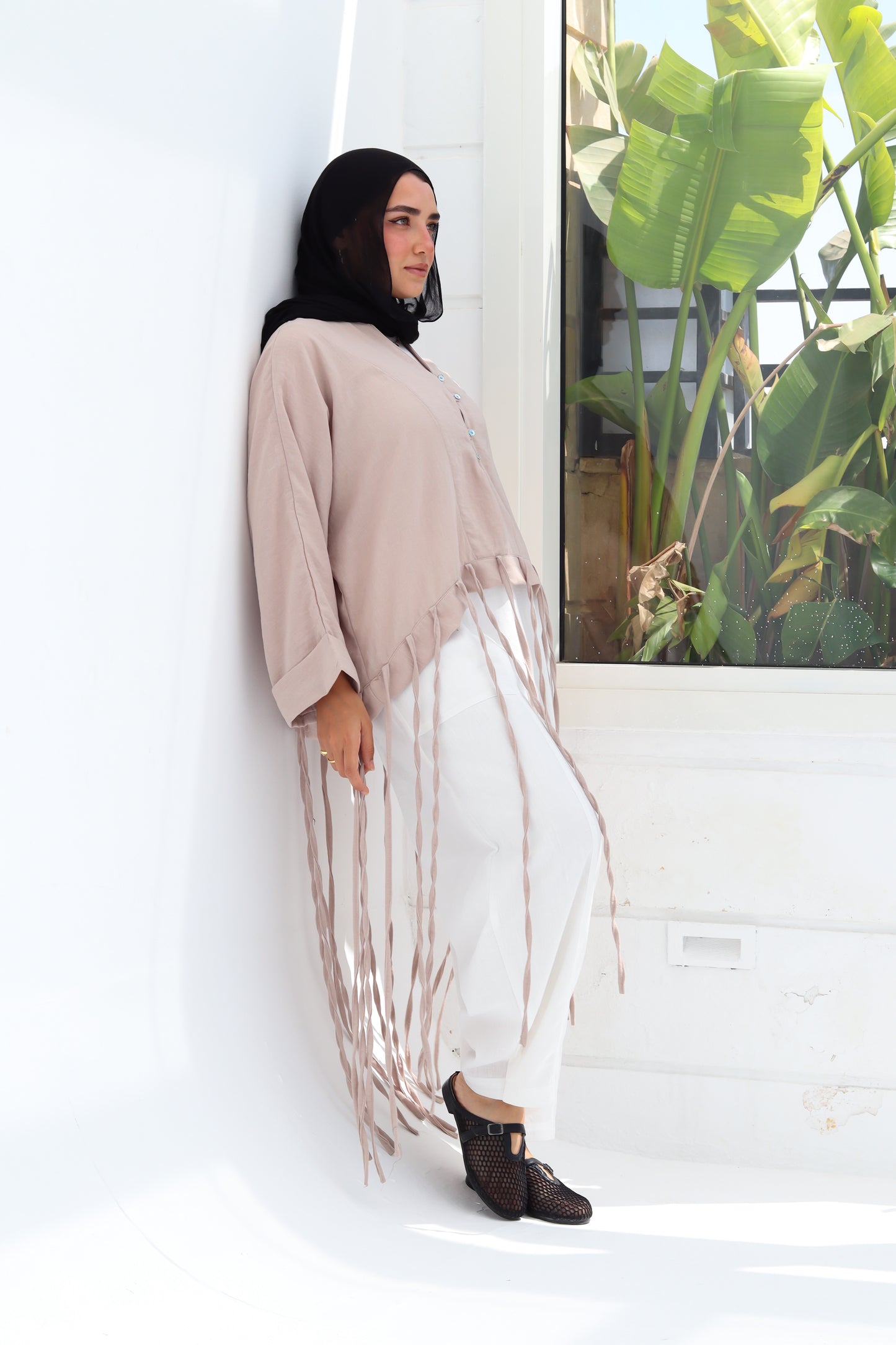 Flowy Fringes Blouse - Beige