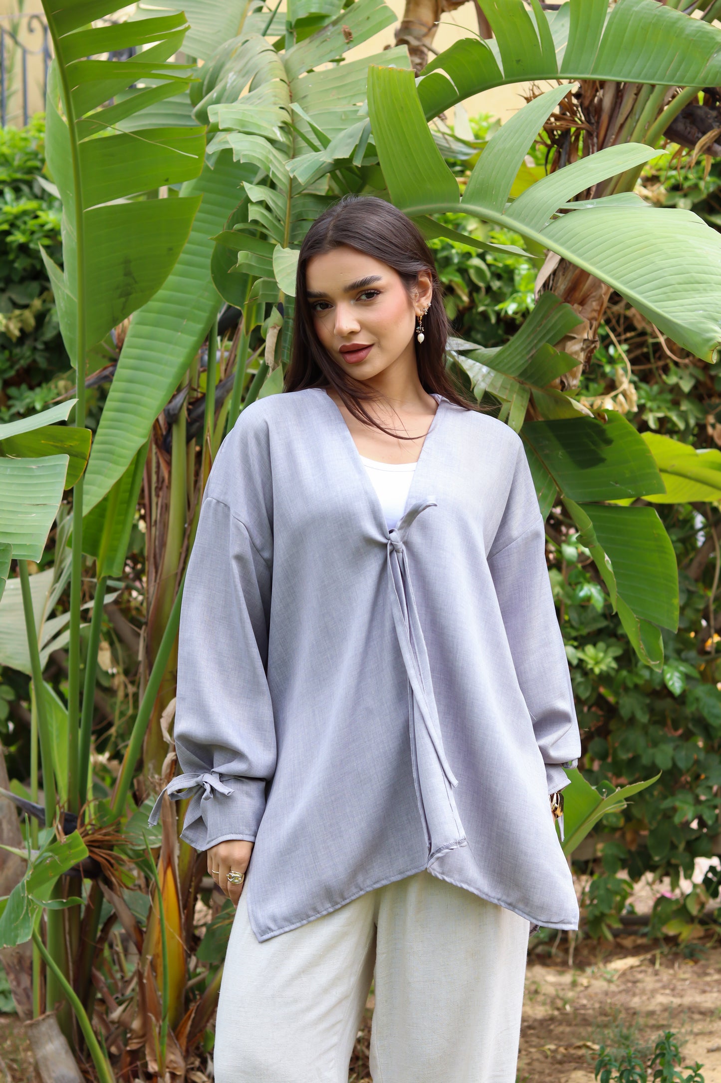 Sunset Linen Cardigan-Light Gray