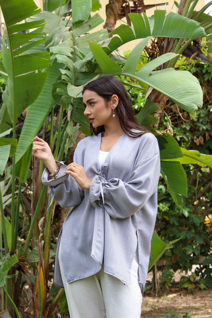 Sunset Linen Cardigan-Light Gray