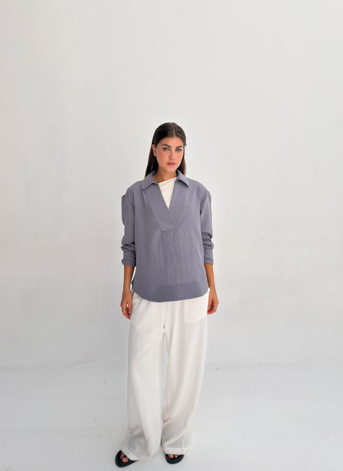 Linen Neck Blouse - Denim Gray