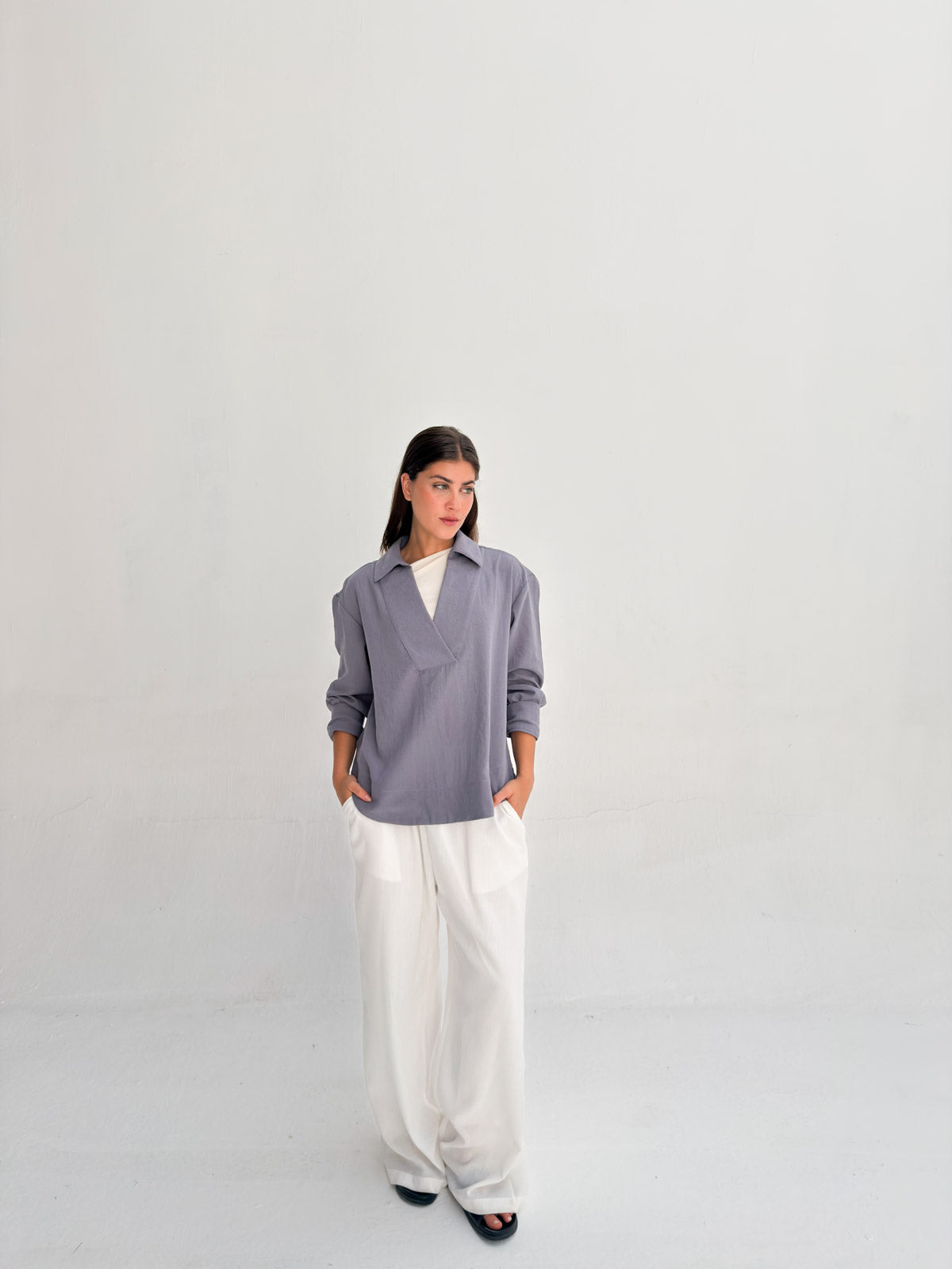 Linen Neck Blouse - Denim Gray