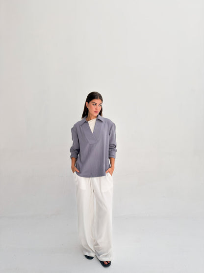Linen Neck Blouse - Denim Gray
