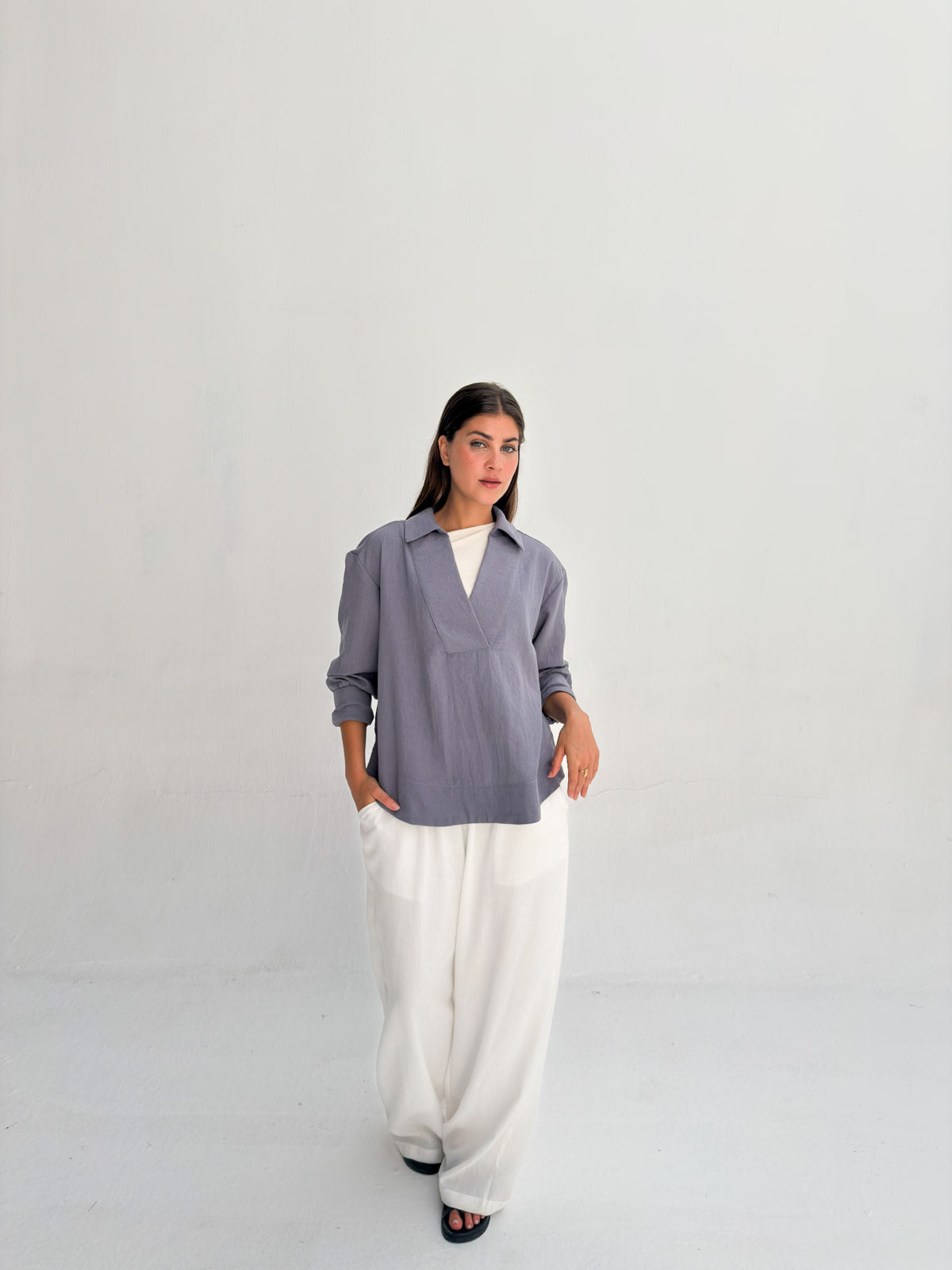 Linen Neck Blouse - Denim Gray