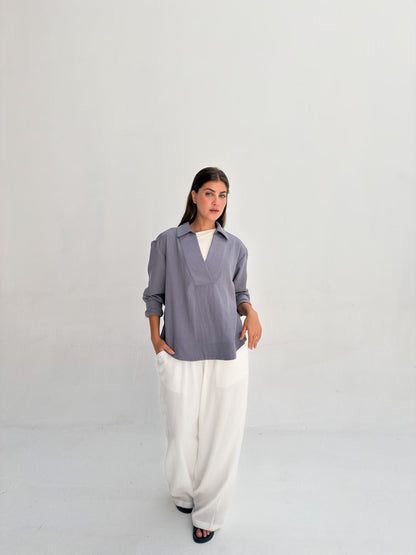Linen Neck Blouse - Denim Gray