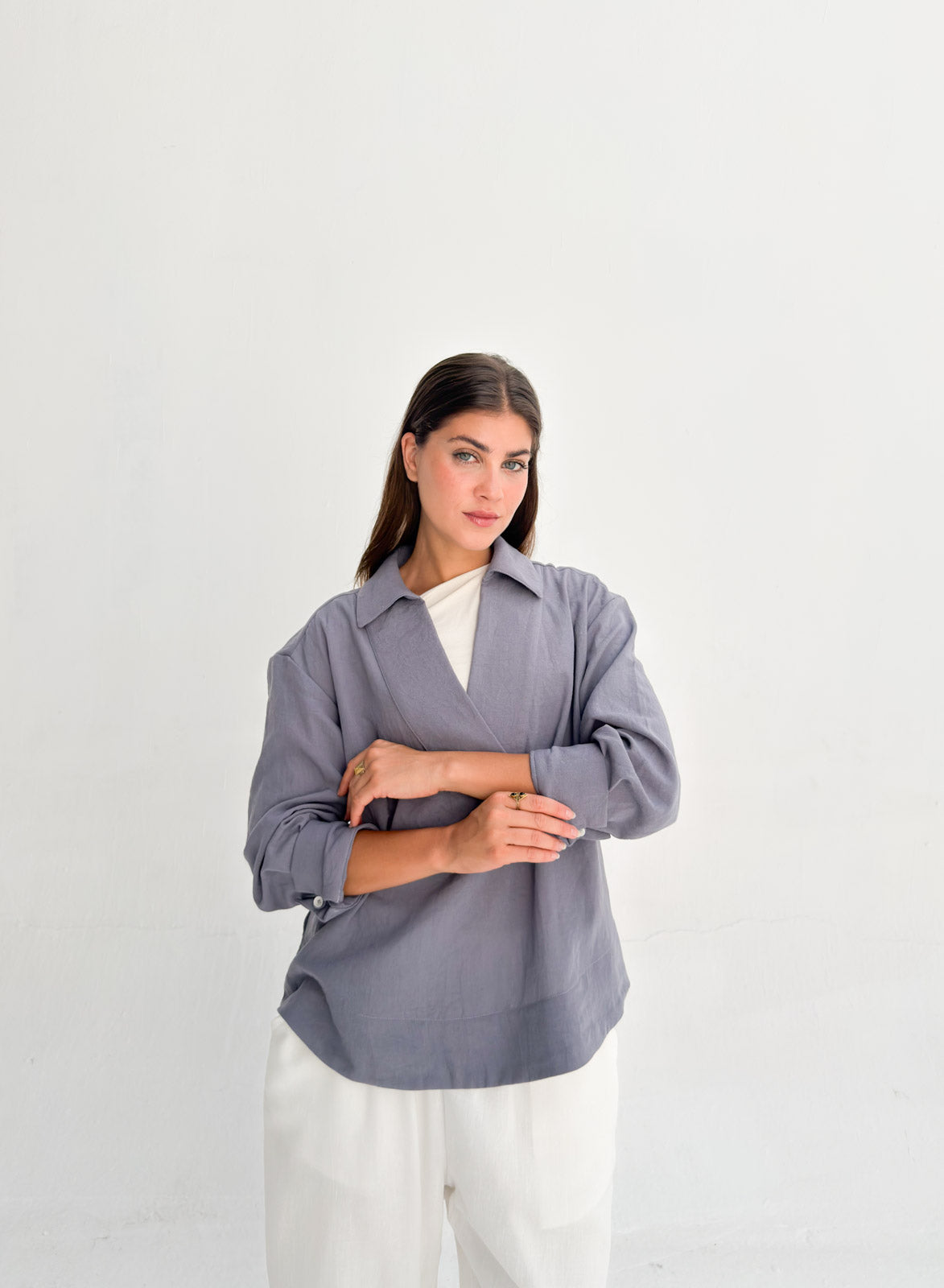 Linen Neck Blouse - Denim Gray