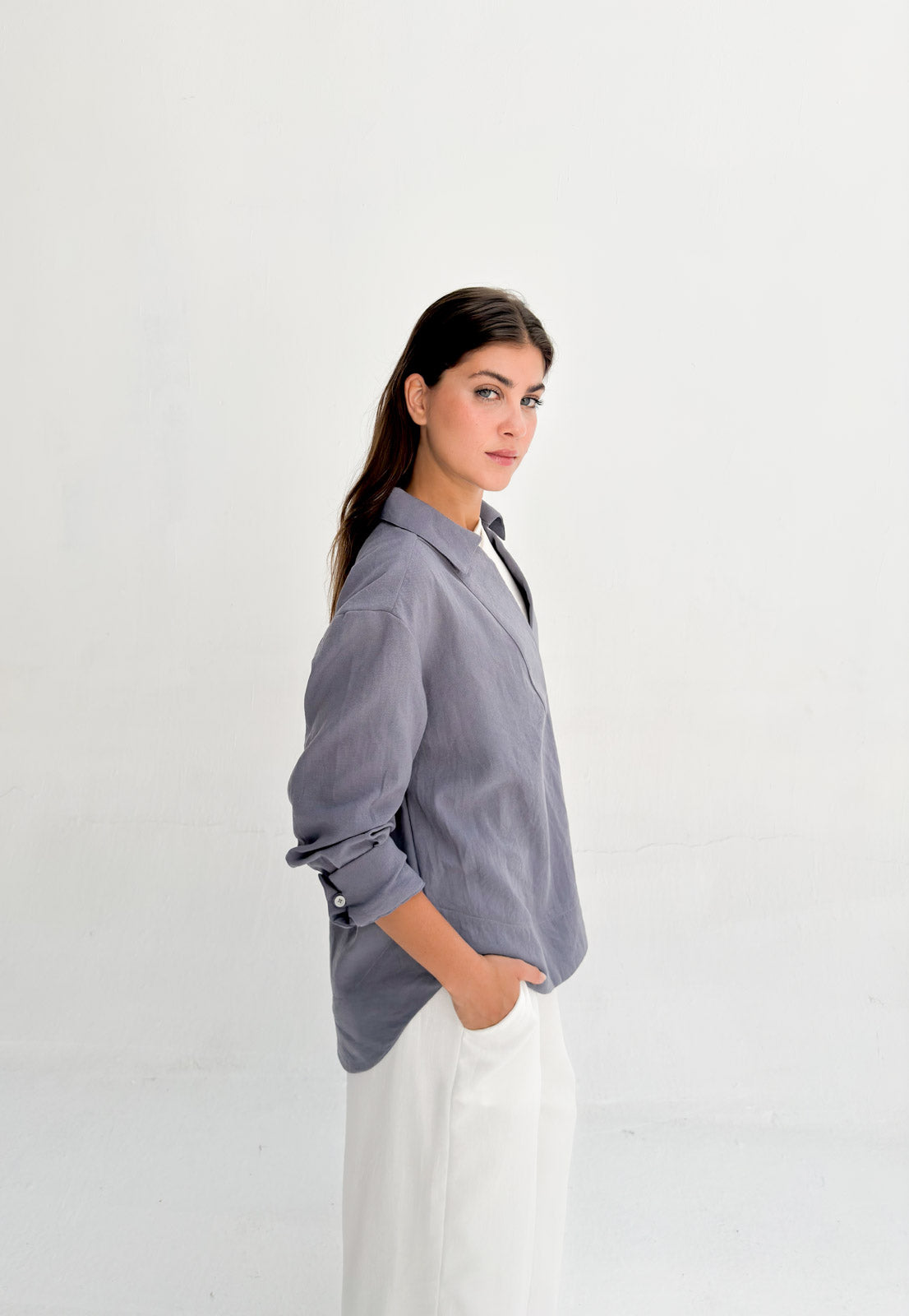 Linen Neck Blouse - Denim Gray