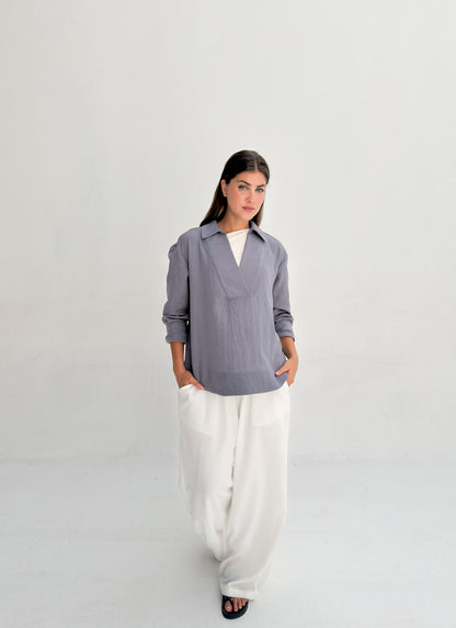 Linen Neck Blouse - Denim Gray