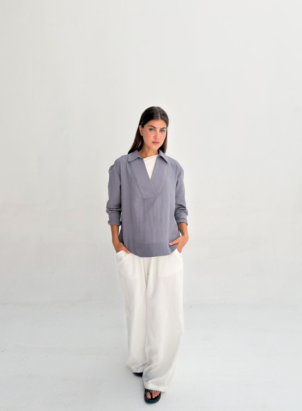 Linen Neck Blouse - Denim Gray