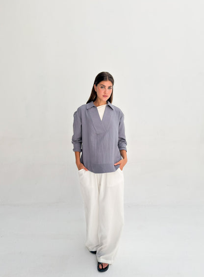 Linen Neck Blouse - Denim Gray