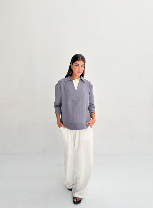 Linen Neck Blouse - Denim Gray
