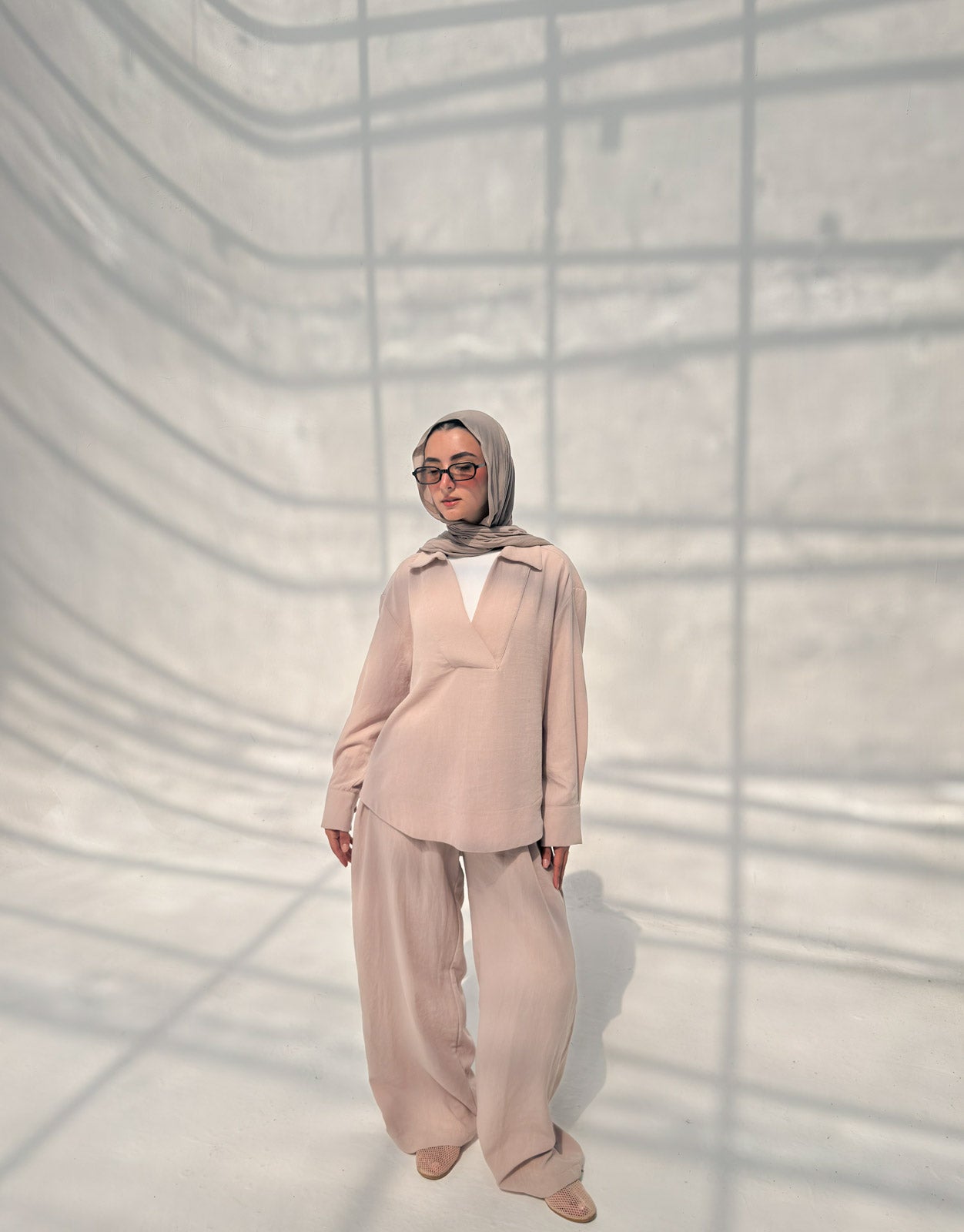 Linen Neck Blouse - Beige