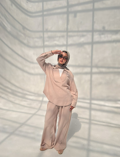 Linen Neck Blouse - Beige