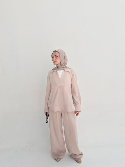 Linen Neck Blouse - Beige
