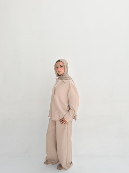 Linen Neck Blouse - Beige
