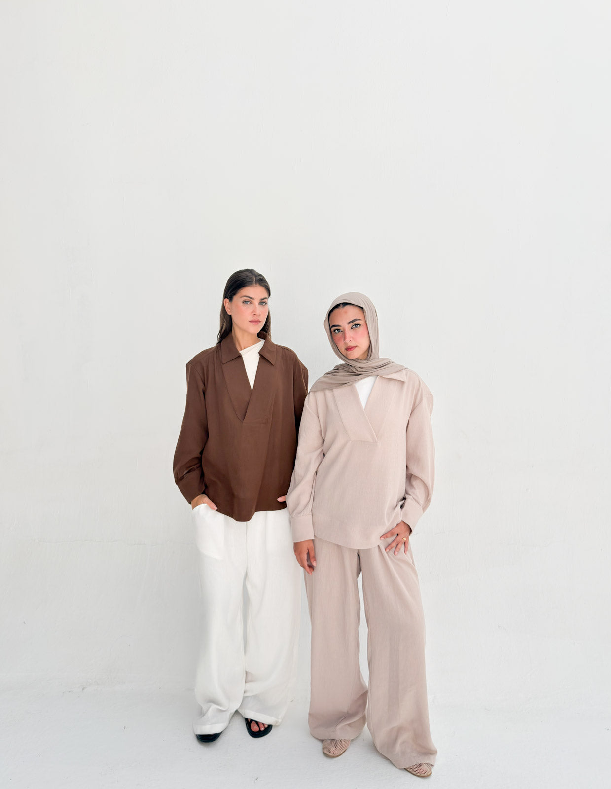 Linen Neck Blouse - Brown