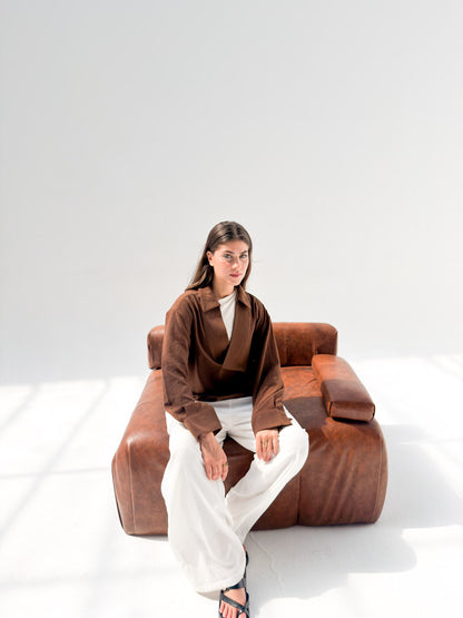 Linen Neck Blouse - Brown