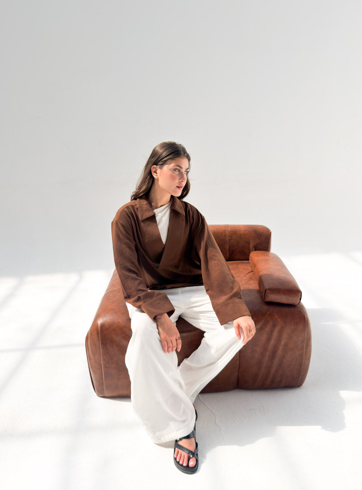 Linen Neck Blouse - Brown