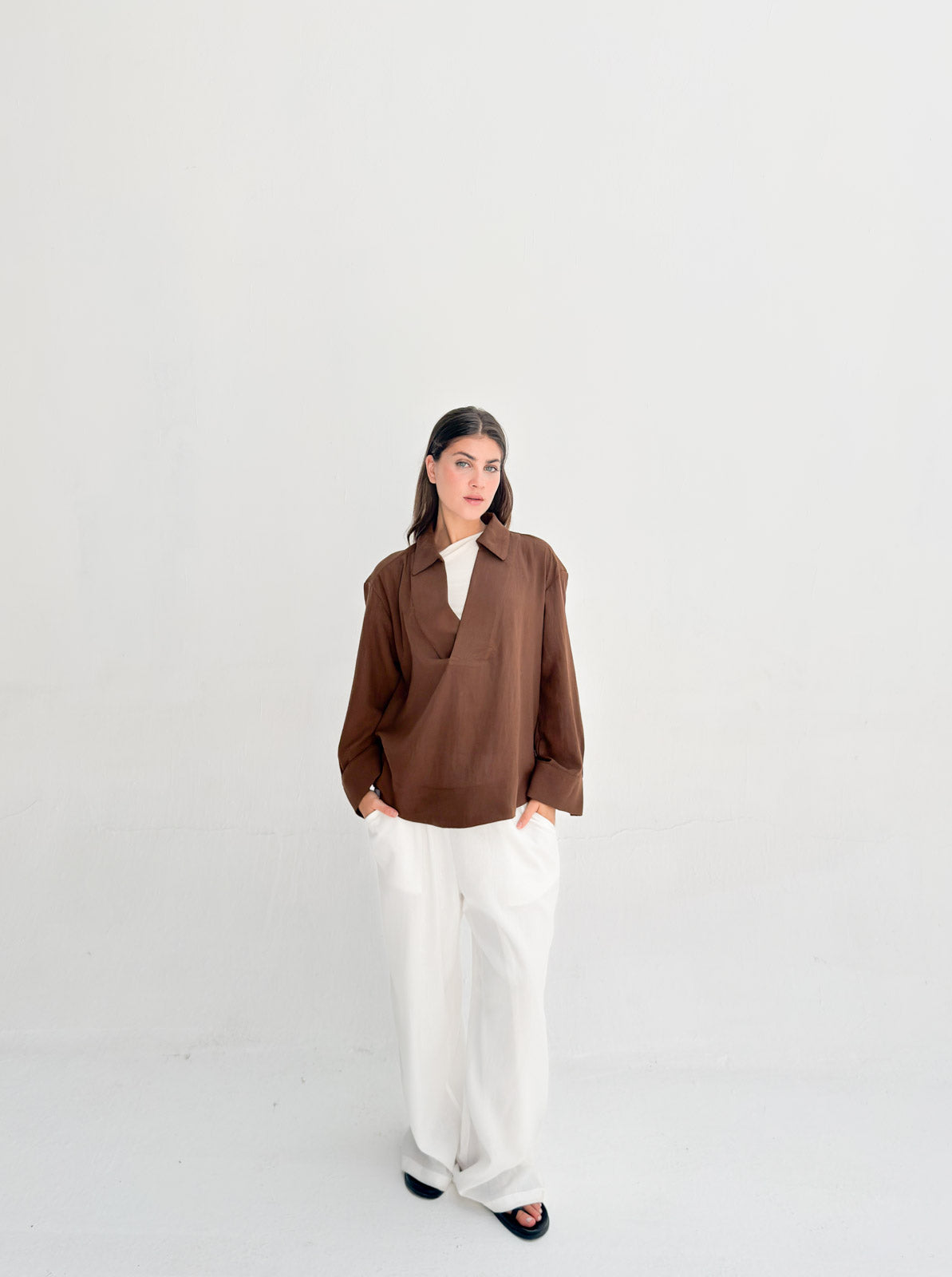 Linen Neck Blouse - Brown