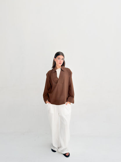Linen Neck Blouse - Brown
