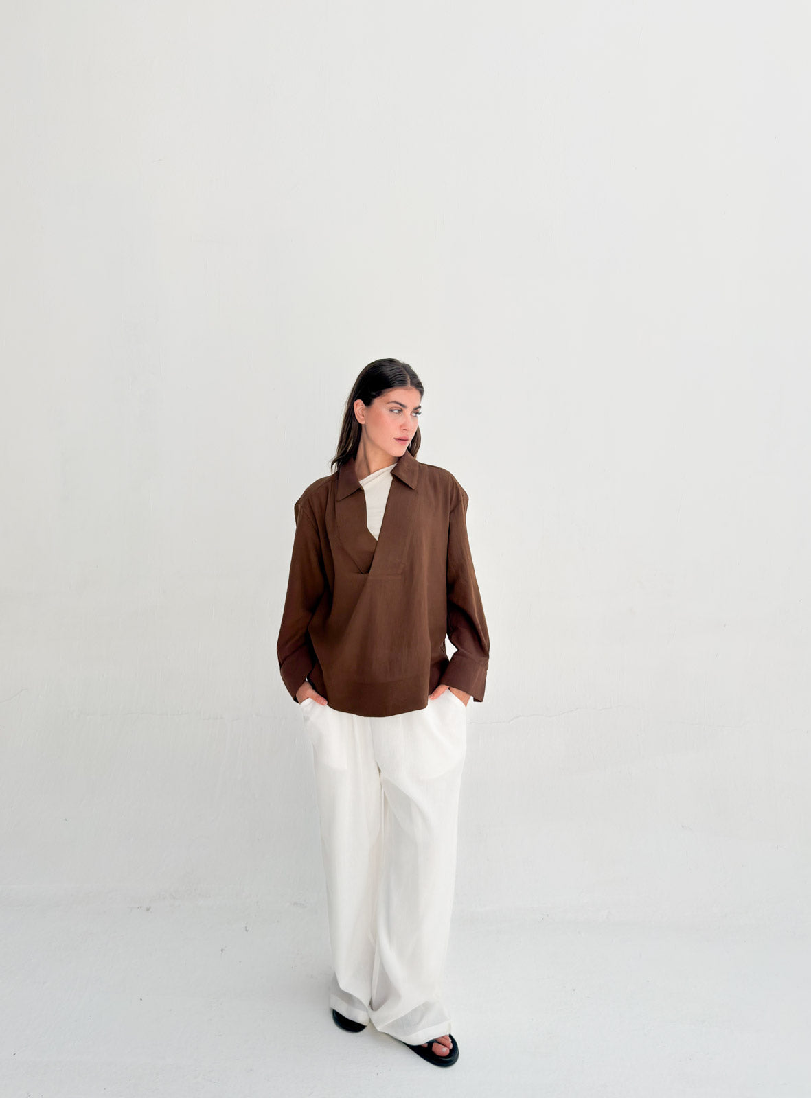 Linen Neck Blouse - Brown