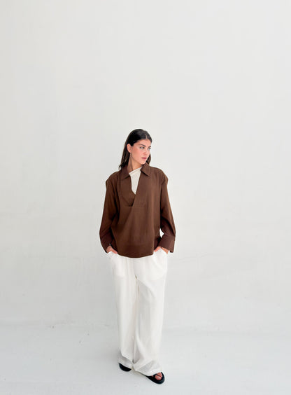 Linen Neck Blouse - Brown