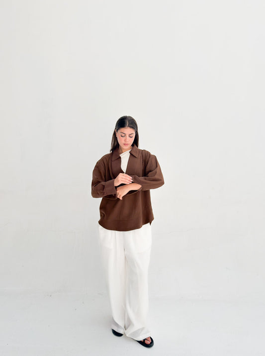 Linen Neck Blouse - Brown