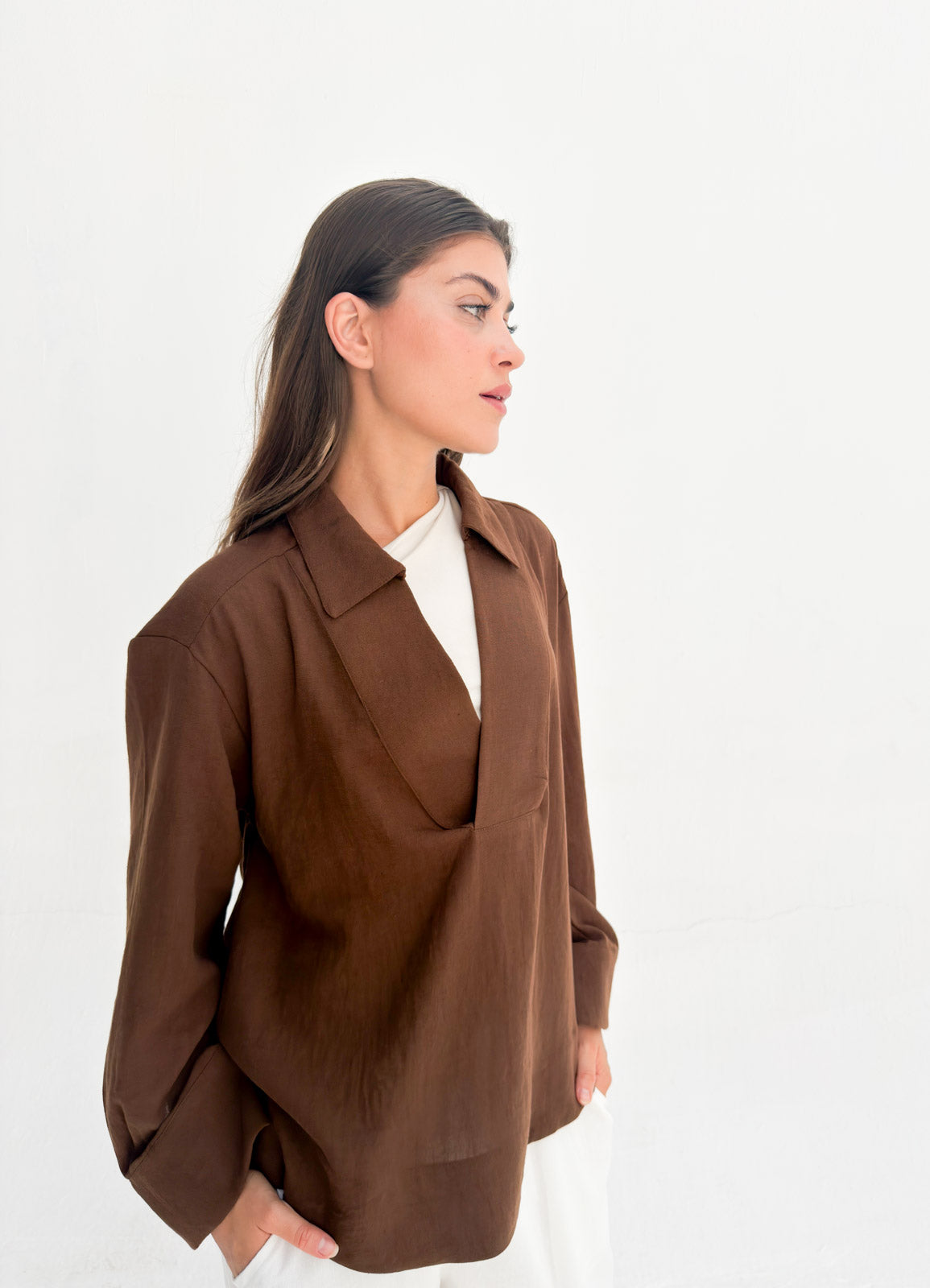 Linen Neck Blouse - Brown