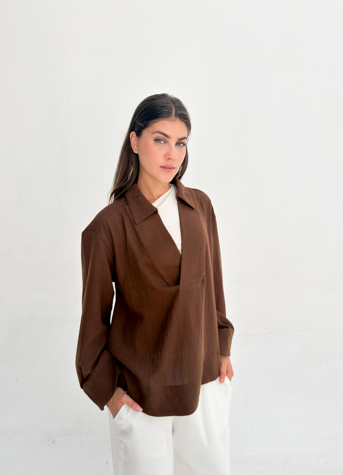 Linen Neck Blouse - Brown