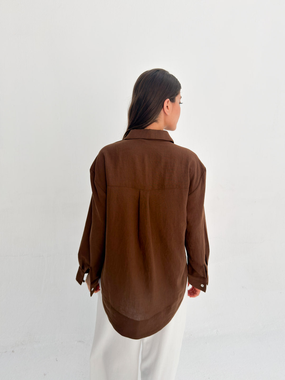 Linen Neck Blouse - Brown