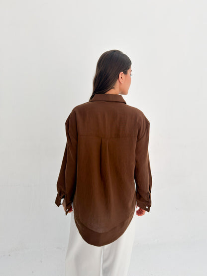 Linen Neck Blouse - Brown
