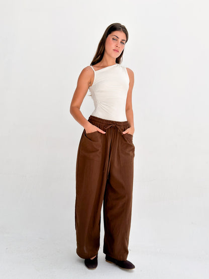 Balloon Linen Pants - Brown