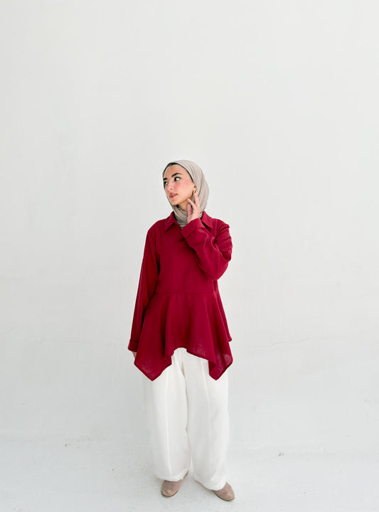 Ruffels Linen Blouse - Red