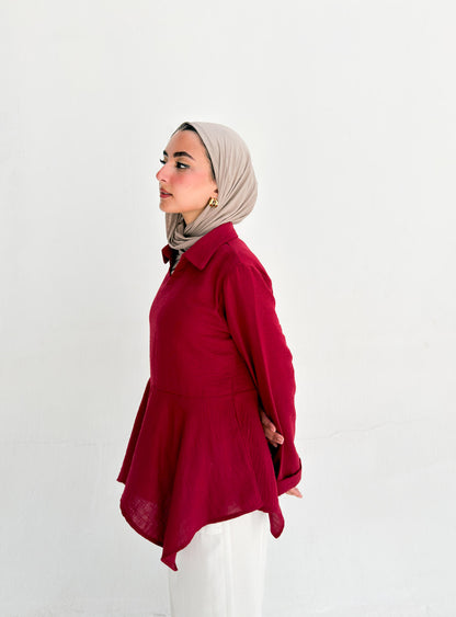 Ruffels Linen Blouse - Red