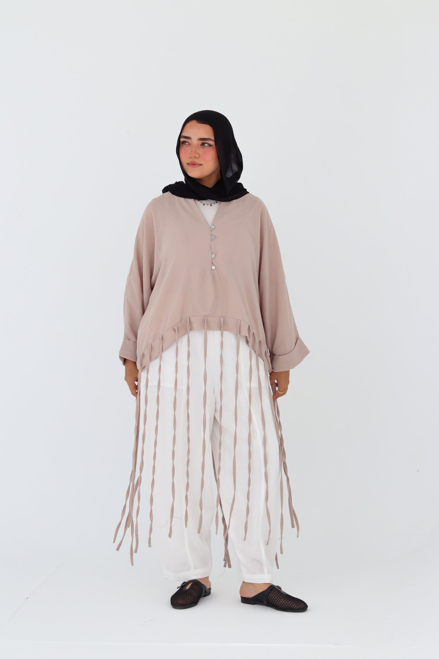 Flowy Fringes Blouse - Beige