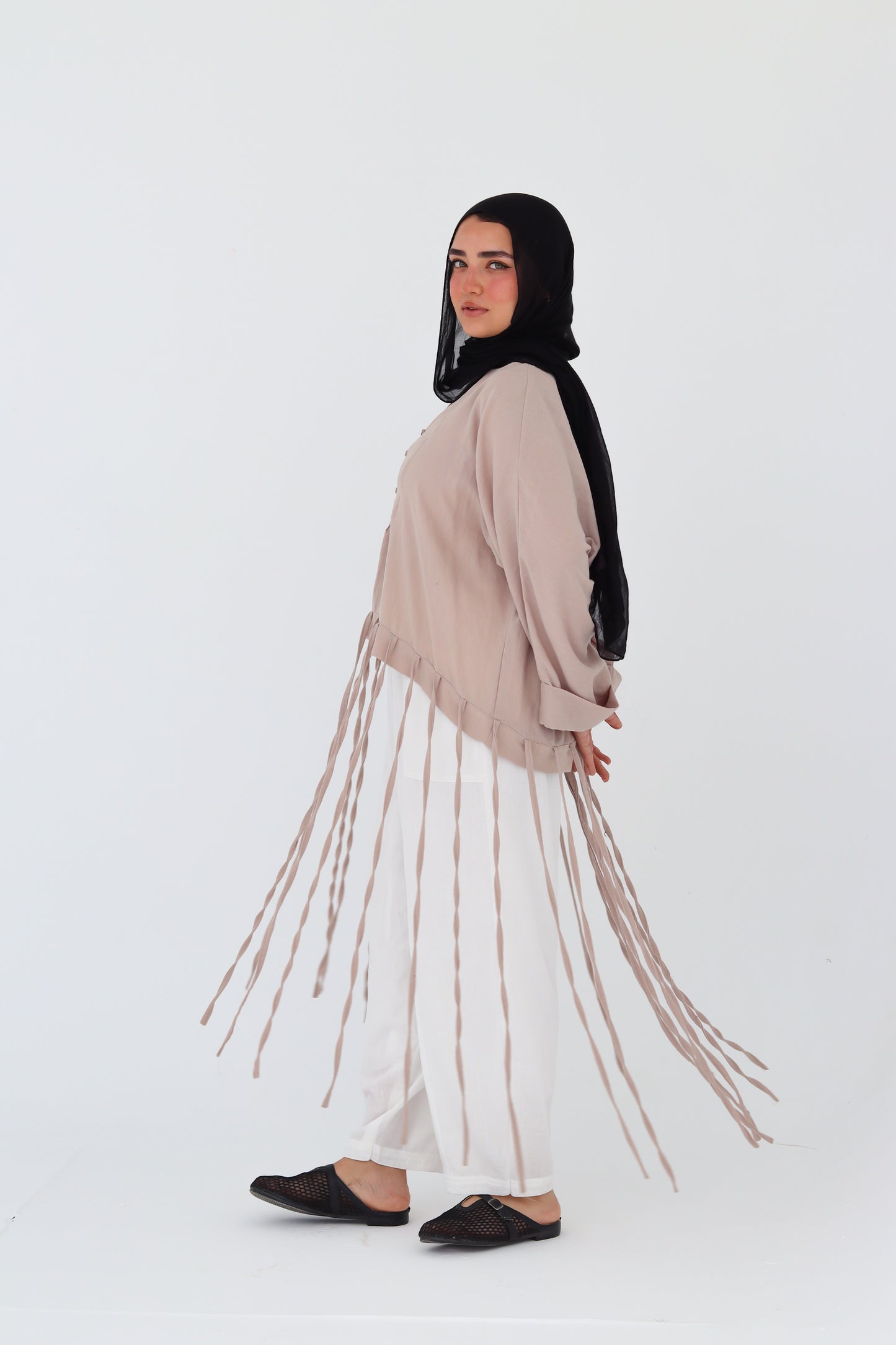 Flowy Fringes Blouse - Beige