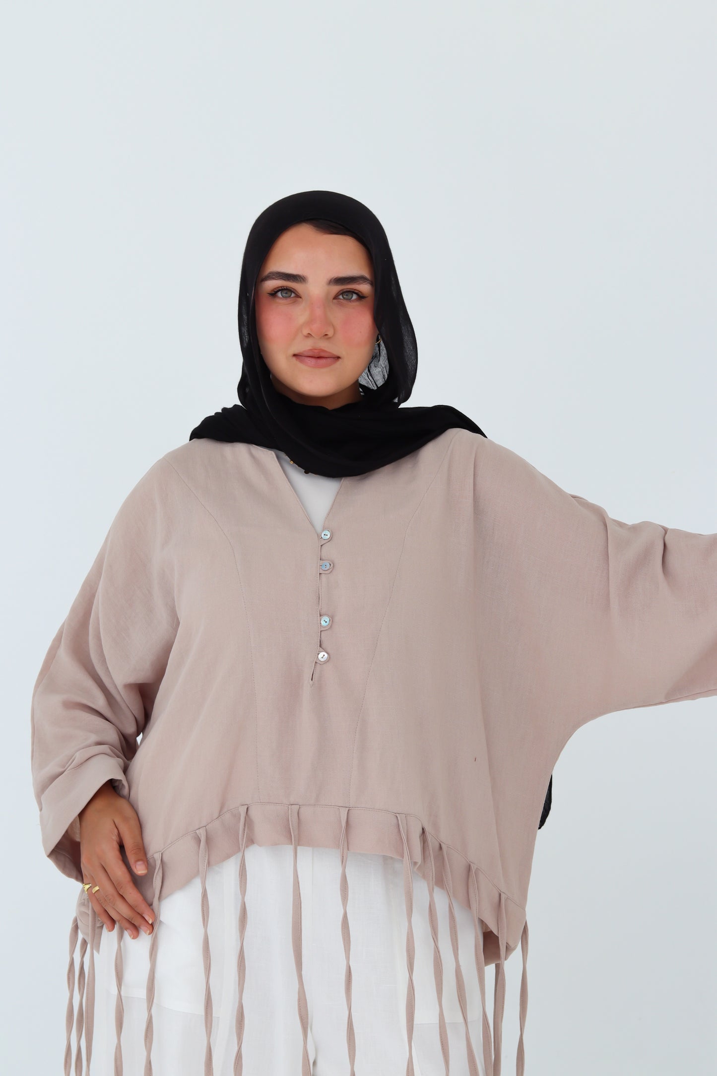 Flowy Fringes Blouse - Beige