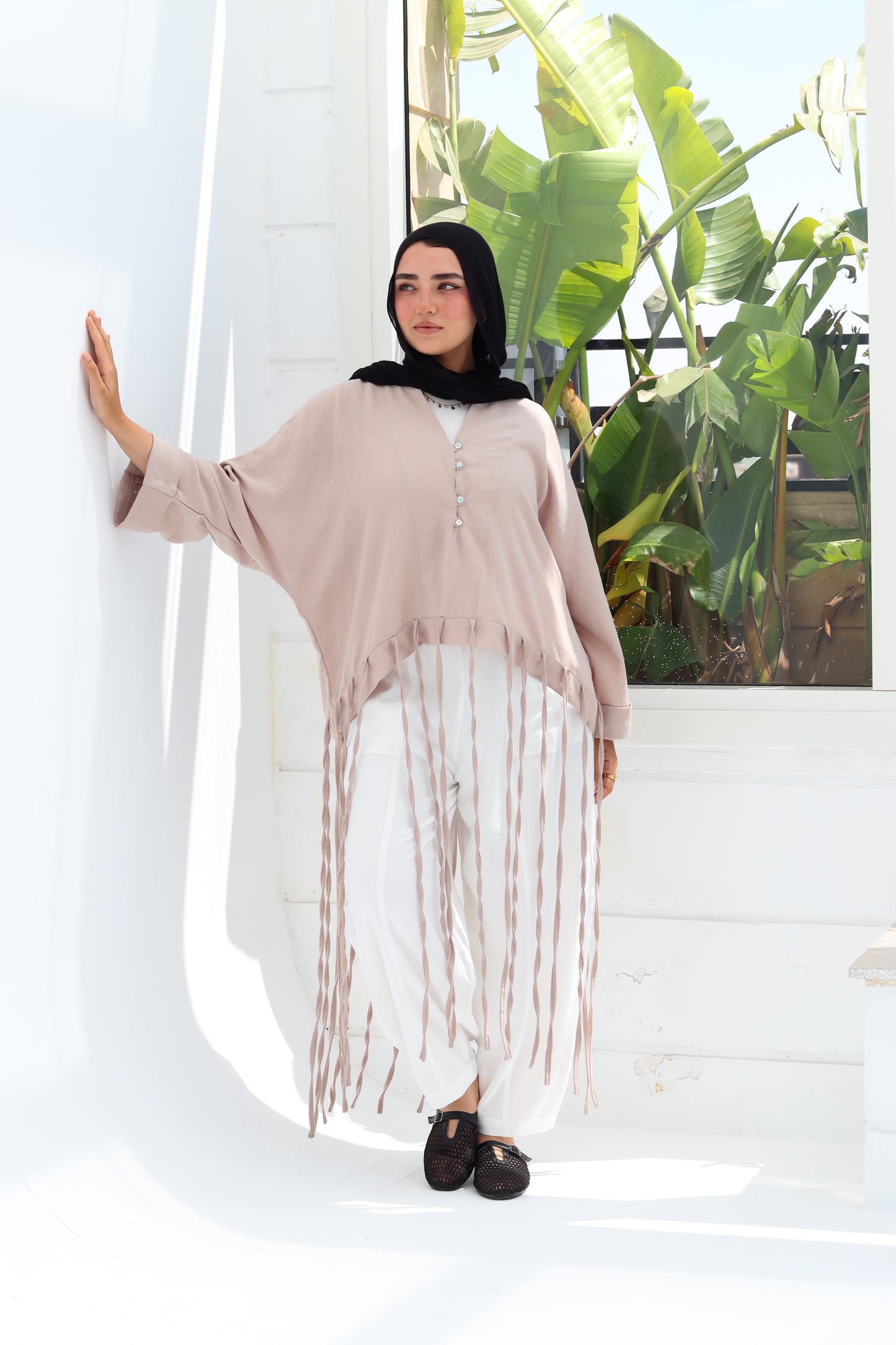 Flowy Fringes Blouse - Beige
