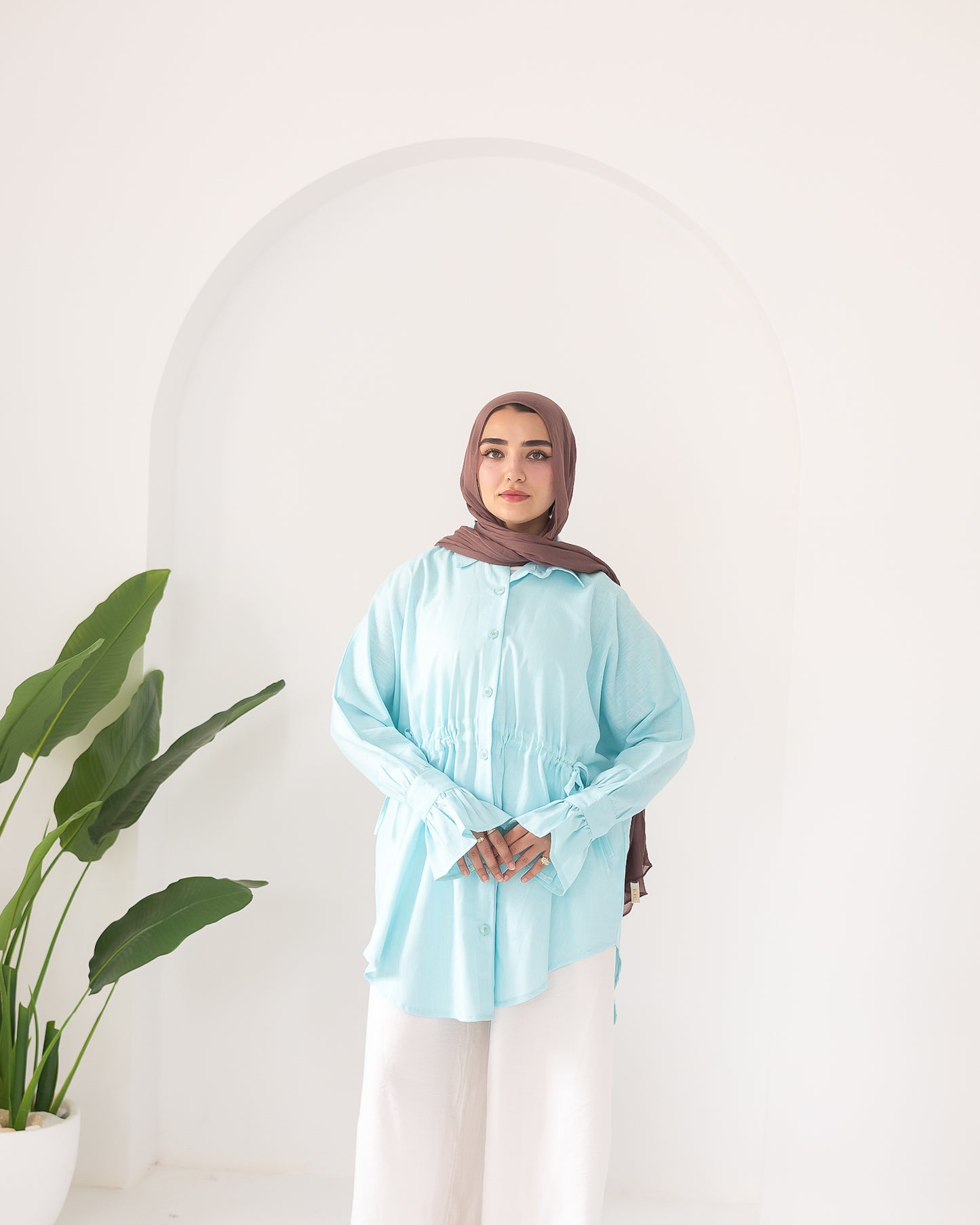 pretty girl linen shirt in Aqua
