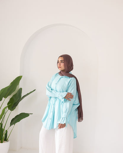 pretty girl linen shirt in Aqua