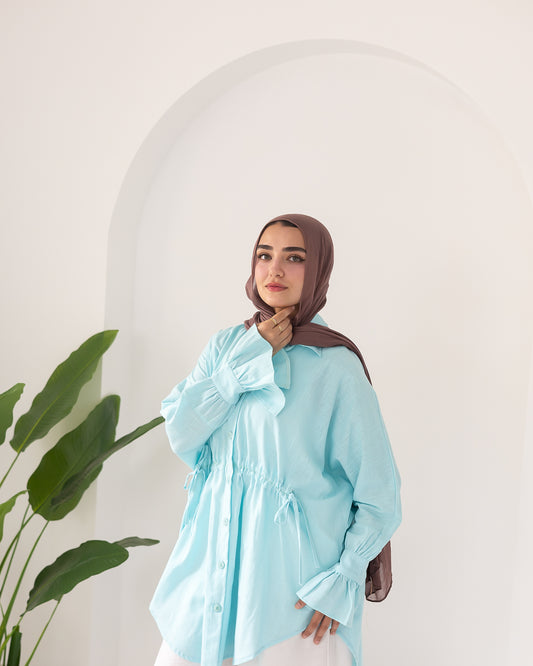 pretty girl linen shirt in Aqua