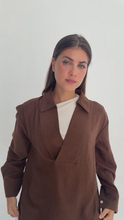 Linen Neck Blouse - Brown